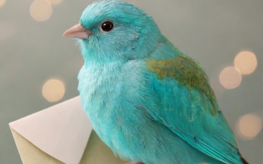 Ein türkiser Vogel mit einem Brief mit einer BüWa.