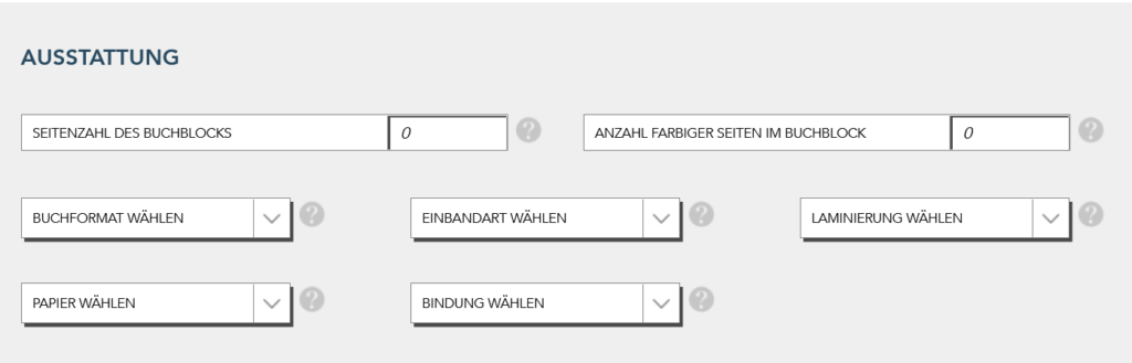 Die Einstellungsmöglichkeiten für ein Buch bei Books on Demand. Unter anderem Papierauswahl und Buchblock.