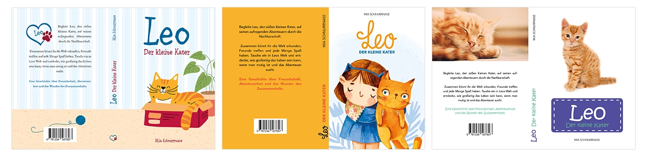 Kinderbuchcovergestaltung mit Katze in drei Varianten