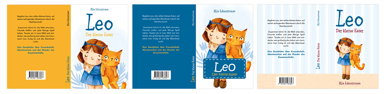 Kinderbuchcovergestaltung mit Katze in drei Entwürfen