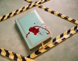 Ein Buch mit einem Blutfleck steht für die Krimi Subgenres.