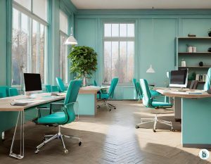 Ein eigenes Büro, das hell türkis eingerichtet ist.