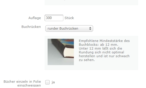 Einstellungsmöglichkeiten bei booksfactory.de