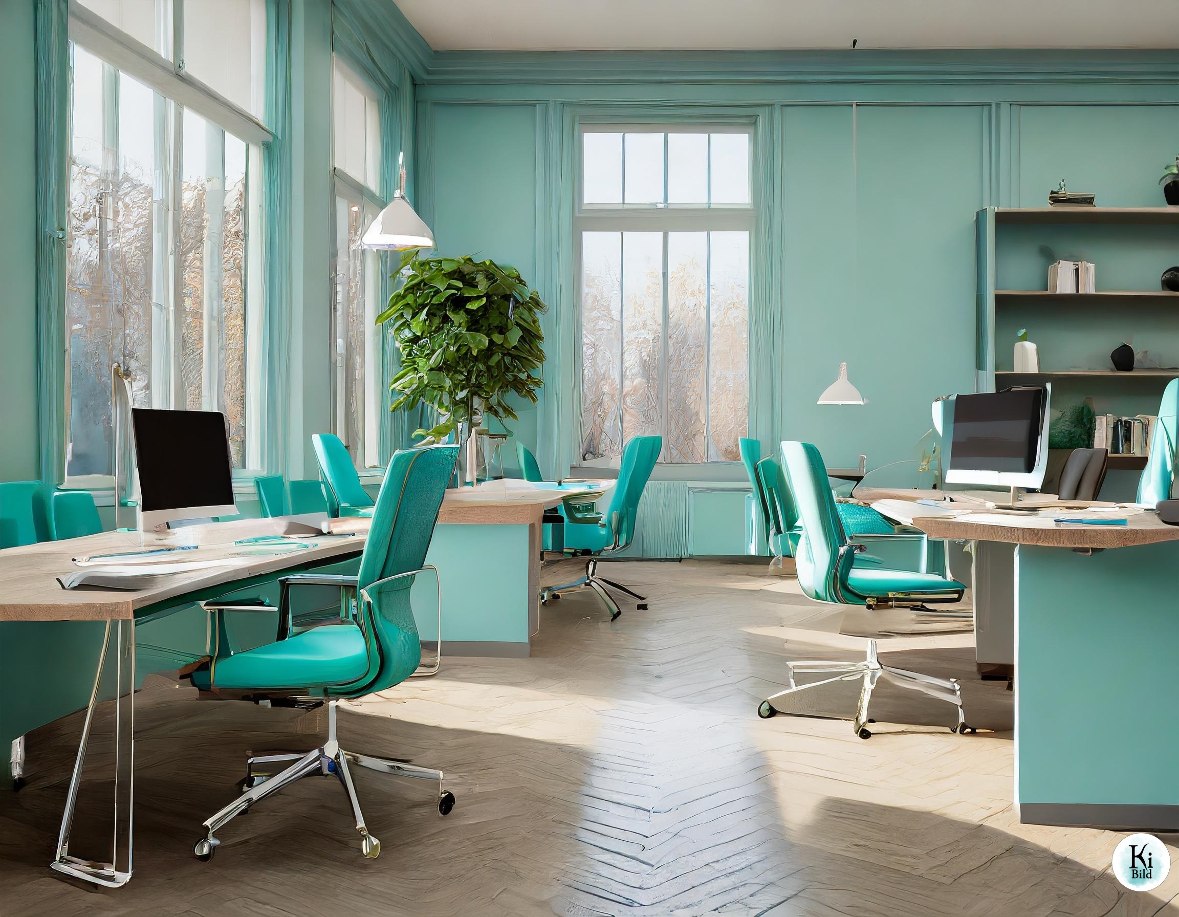 Ein eigenes Büro, das hell türkis eingerichtet ist.