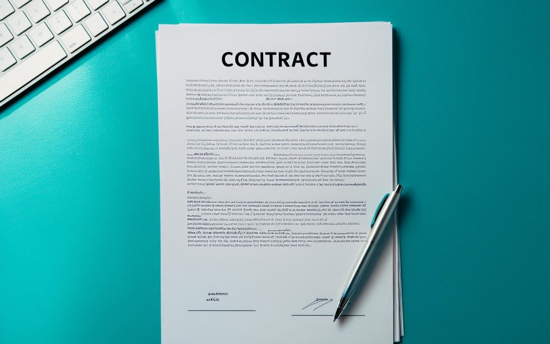 Ein Kommissionsvertrag für Autoren liegt auf einem türkisen Schreibtisch,