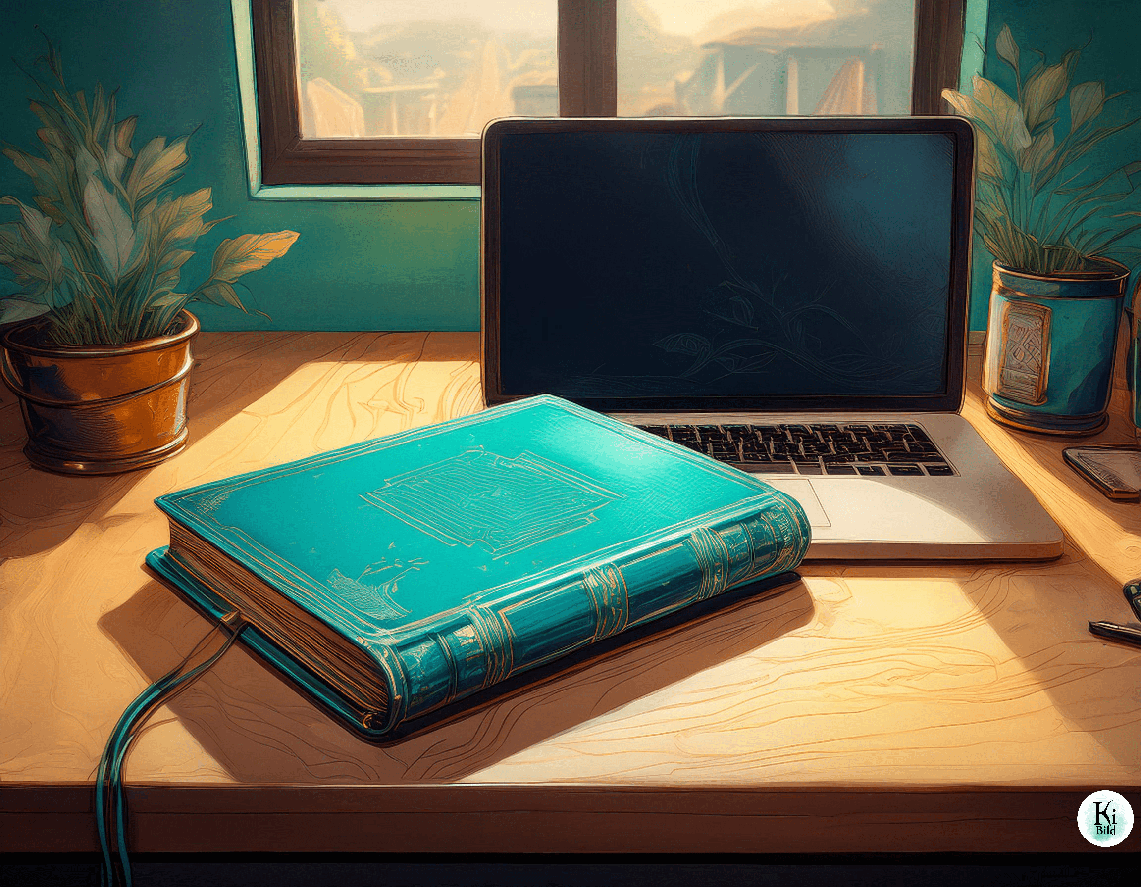 buchblogs-2024 Ein türkises Buch liegt neben einem Laptop für Buchblogs 2024.