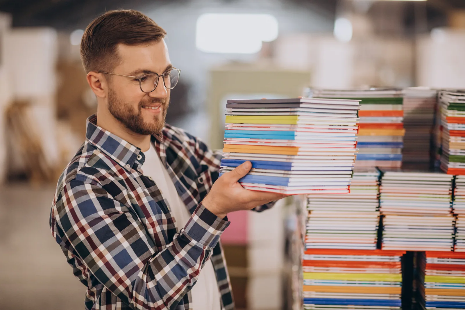 frisch-gedruckte-buecher-druckerei Mitarbeiter einer Druckerei hält einen Stapel frisch gedruckter und gebundener Bücher